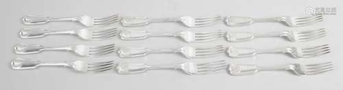 A set of twelve modern silver forks in double struck Fiddle, Thread & Shell pattern.