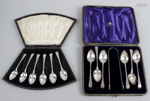 A George III silver matched set of six teaspoons and pair of sugar tongs,