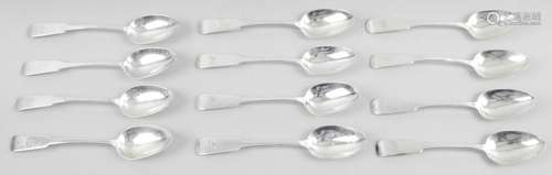 A set of twelve George IV Scottish silver teaspoons, Oar pattern with monogrammed terminal.