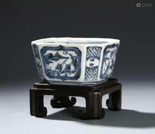 Chinese Blue and White Octagonal Brushwasher with Stand