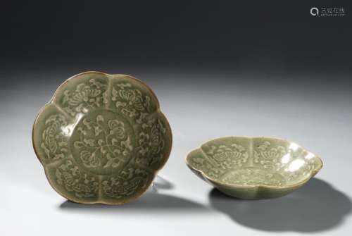 Pair of Chinese Yaozhou Carved Foliate Dishes