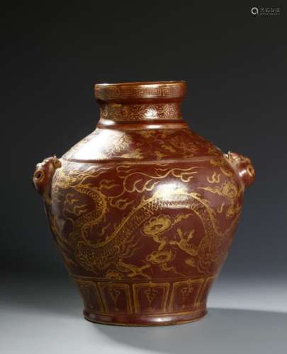 Chinese Brown Glazed Gilt-Decorated Dragon Jar