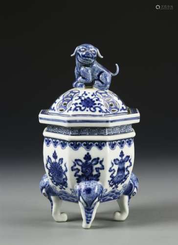 Chinese Blue and White Tripod Censer