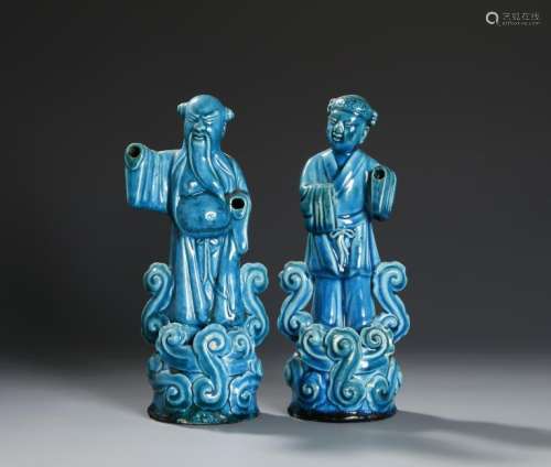 Pair of Chinese Turquoise-Glazed Porcelain Figures