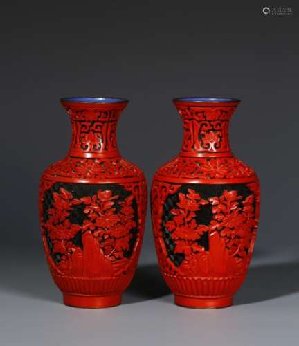 Pair of Chinese Cinnabar Lacquer Bottle Vases