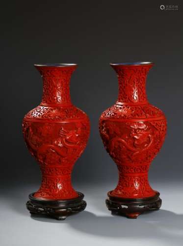Pair of Chinese Cinnabar Lacquer Baluster Vases