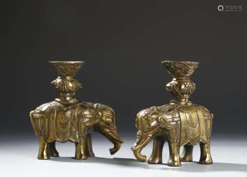 Pair of Chinese Gilt Bronze Elephant Candle Holders