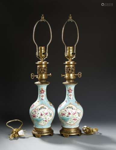 Pair of Chinese Famille Rose Vases, Mounted as Lamps