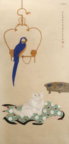 Chinese Scroll Painting of a Cat and Parrot