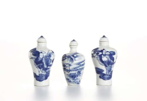 Three Chinese Blue and White Snuff Bottles