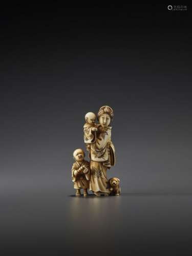 AN IVORY NETSUKE OF A BIJIN WITH PUPPY AND TWO BOY…