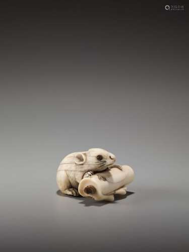 AN IVORY NETSUKE OF A LARGE RAT WITH CANDLE SIGNED…