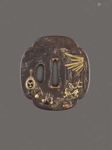 AN IRON, COPPER AND GOLD TSUBA DEPICTING FUDO AND …