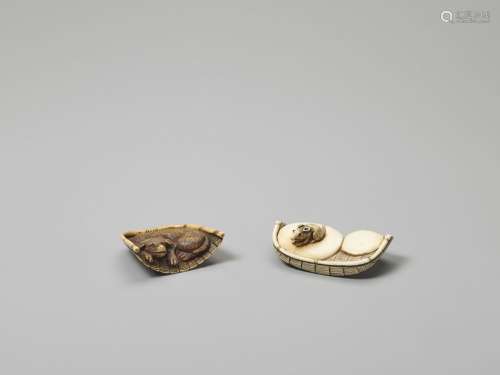 TWO IVORY NETSUKE OF A DOG AND A RAT IN A BASKET
