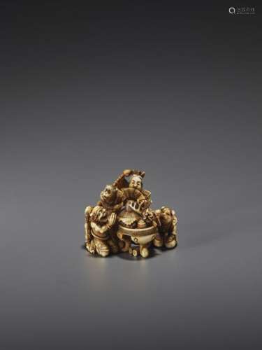 AN IVORY NETSUKE OF THE LEGEND OF MOMOTARO BY MITS…
