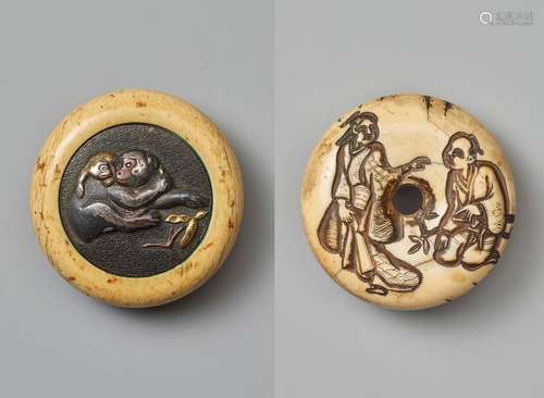 AN IVORY AND MIXED METAL KAGAMIBUTA NETSUKE AND AN…