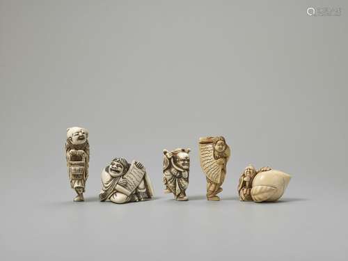 THREE IVORY NETSUKE OF SENNIN AND TWO OF KANZAN