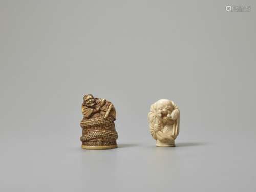 TWO IVORY CANE HANDLES OF KIYOHIME AND HOTEI