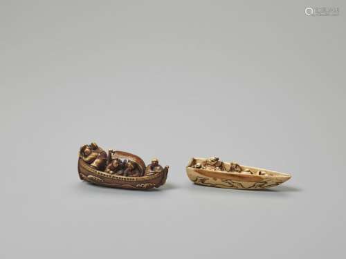 TWO IVORY NETSUKE OF A GROUP OF TRAVELLERS IN BOAT…