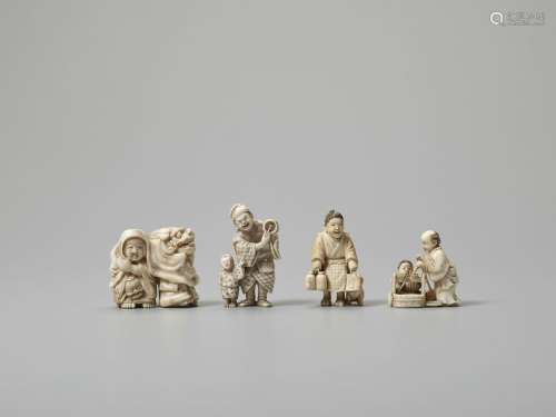 FOUR IVORY NETSUKE WITH SCENES FROM DAILY LIFE