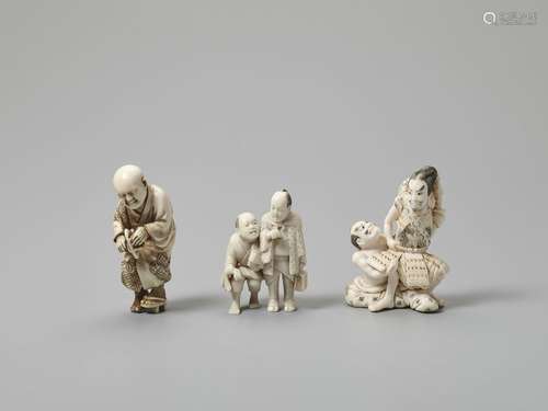 THREE FIGURAL MEIJI PERIOD IVORY NETSUKE