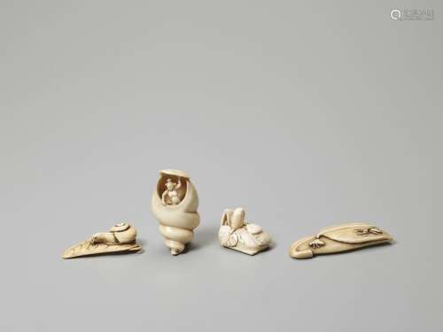 THREE IVORY NETSUKE OF STILL LIFE AND ONE OF AN AM…