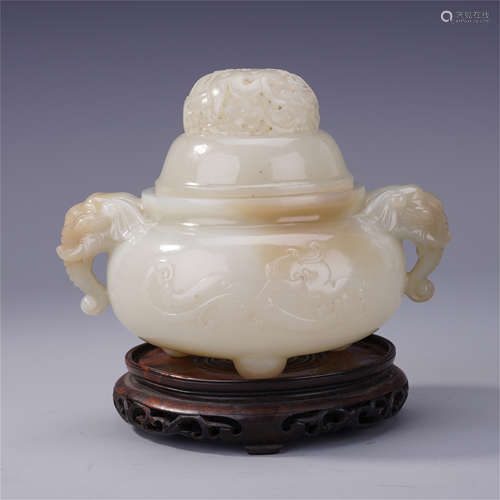 CHINESE WHITE JADE ELEPANT EAR HANDLE LIDDED CENSER