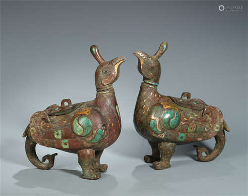 PAIR OF CHINESE GOLD JADE INLAID BRONZE BIRD SHAPED INCENSE CAGES