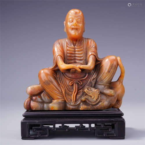 CHINESE TIANHUANG STONE SEATED LOHAN WITH TIGER