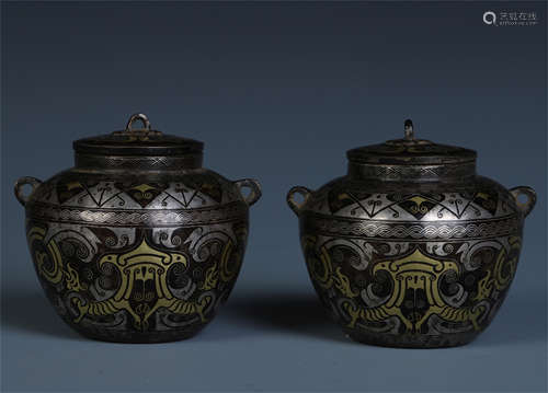 PAIR OF CHINESE GOLD SILVER INLAID BRONZE LIDDED JAR