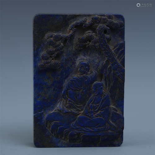 CHINESE LAPIS CARVED LOHAN UNDER PINE CASE QING DYNASTY