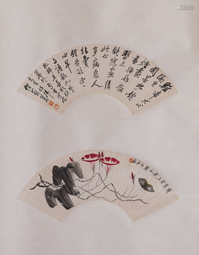 CHINESE FAN PAINTING OF FLOWER WITH CALLIGRAPHY