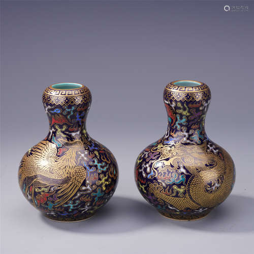 PAIR OF CHINESE PORCELAIN BLACK GROUND GOLD PAINTED DRAGON PHOENIX VASES