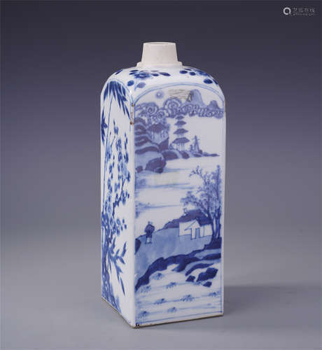 CHINESE PORCELAIN BLUE AND WHITE MOUNTAIN VIEWS SQUARE VASE