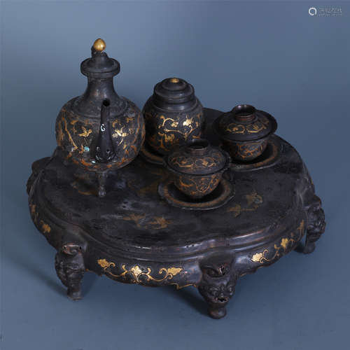 CHINESE GOLD BRONZE TEA POT AND CUPS ON STAND