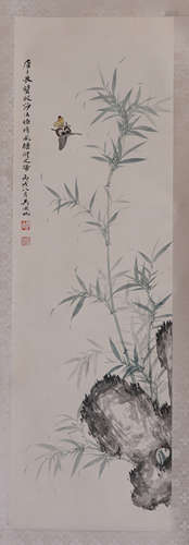 CHINESE SCROLL PAINTING OF BAMBOO AND ROCK