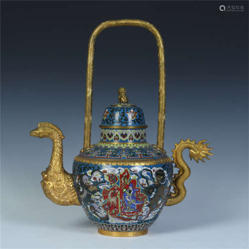 CHINESE CLOISONNE LONG HANDLE DRAGON KETTLE