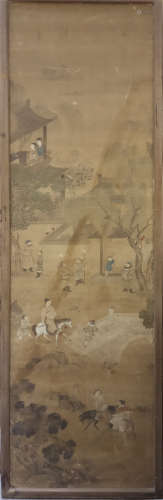 CHINESE FRAMED ANCIENT SCROLL PAINTING OF FIGURES IN GARDEN QING DYNASTY