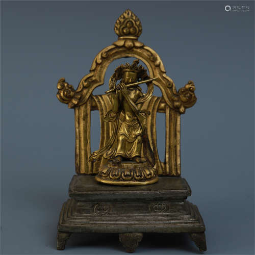 CHINESE GILT BRONZE STANDING BUDDHA WITH COPPER BASE AND GILT BRONZE NICHE QING DYNASTY