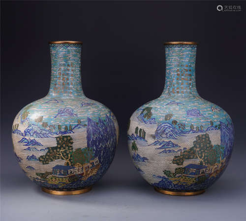PAIR OF LARGE CHINESE CLOISONNE MOUNTAIN VIEWS TIANQIU VASES
