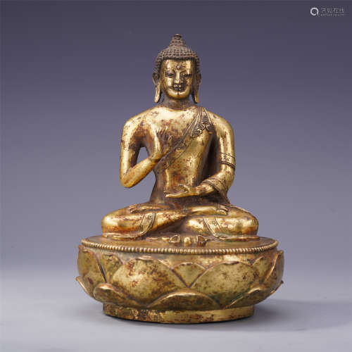 CHINESE MONGO STYLE GILT BRONZE SEATED BUDDHA QING DYNASTY