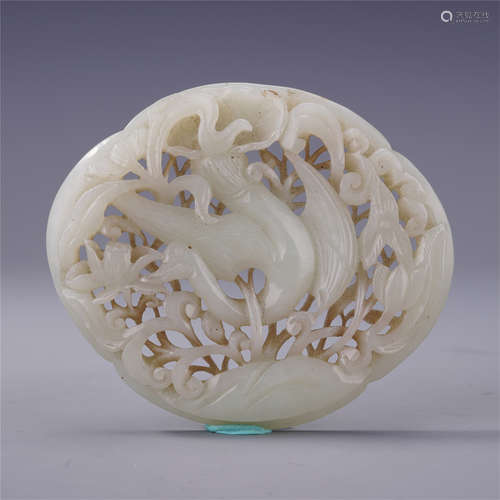 CHINESE WHITE JADE PIERCED CARVED BIRD AND LOTUS PLAQUE