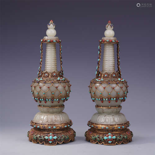 PAIR OF CHIENSE GEM STONE INLAID GILT SILVER ENAMEL JADE BUDDHIST TOWER