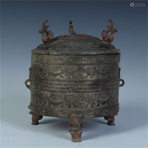 CHINESE SILVER INLAID BRONZE LIDDED DING CENSER