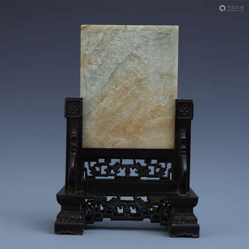 CHINESE JADE PLAQUE ROSEWOOD TABLE SCREEN