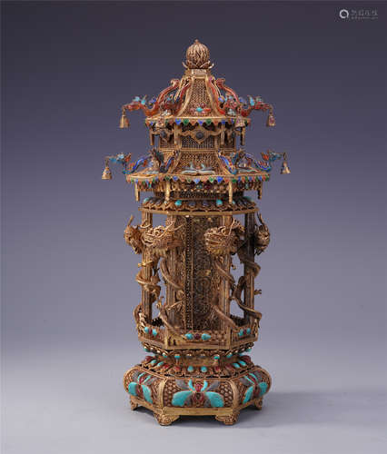 CHINESE GEM STONE INLAID GILT SILVER ENAMEL PAVILION INCENSE CAGE