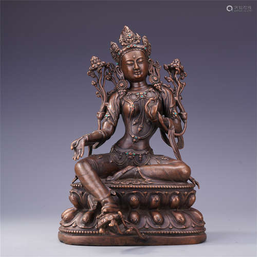 TIBETAN GEM STONE INLAID BRONZE SEATED GARA