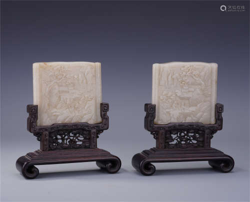 PAIR OF CHINESE WHITE JADE PLAQUE ROSEWOOD TABLE SCREENS