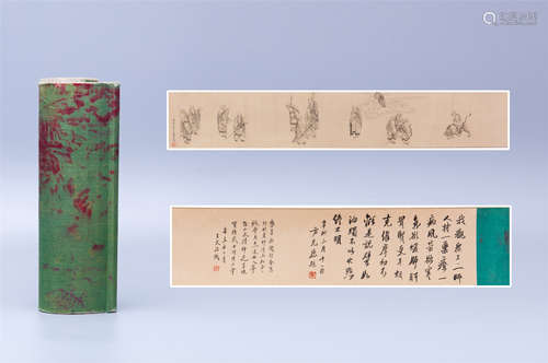 CHINESE HAND SCROLL PAINTING OF LOHAN WITH CALLIGRAPHY