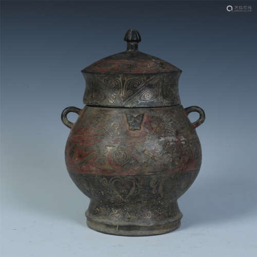 CHINESE SILVER INLAID BRONZE LIDDED JAR
